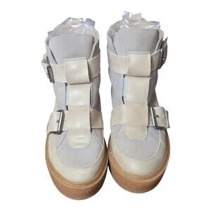 Free People Women's Cortina Platform Ankle Boots White Leather Buckle Size 38EUR